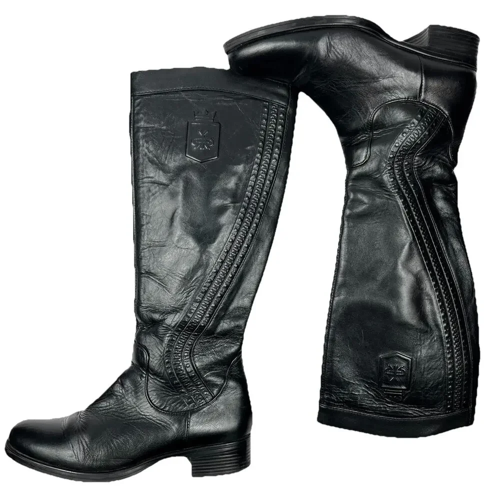 Lyard Woman’s Leather Tall Riding Boots Black Size 7 Equestrian Embossed Classic